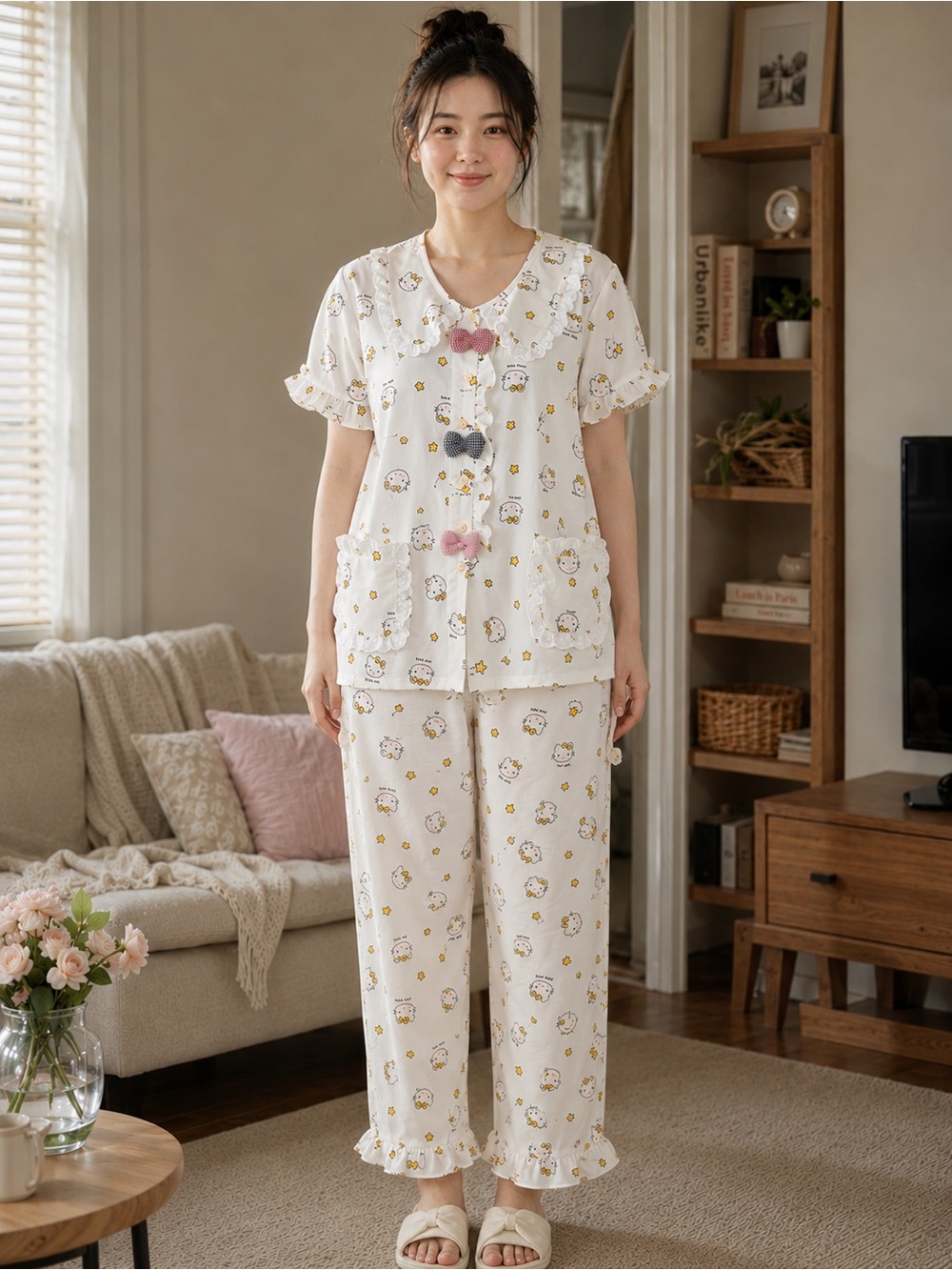 Women's Cream Floral Cartoon Cotton Pajama Set with Ruffled Trim